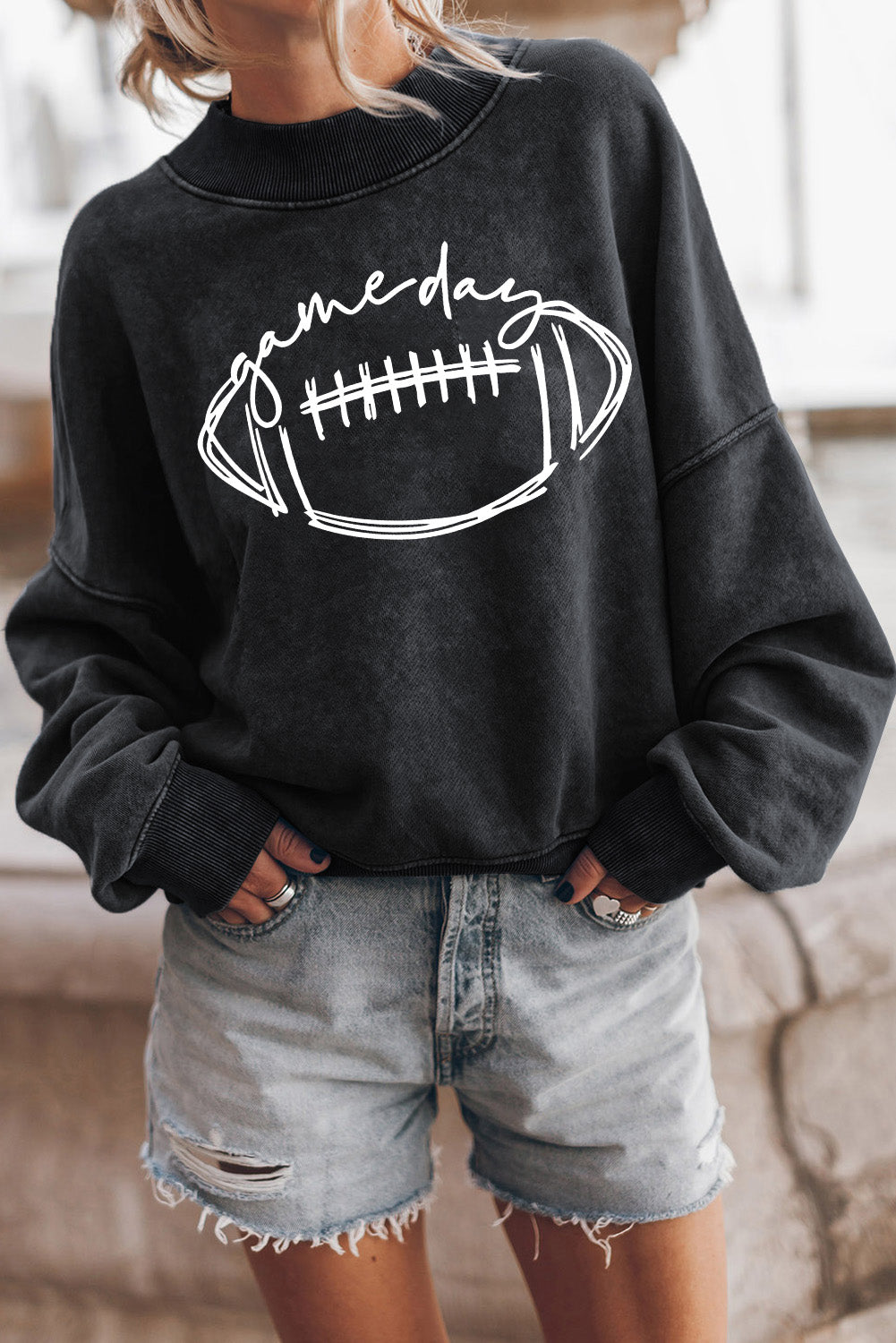 Black Rugby Football Game Day Graphic Pullover Sweatshirt