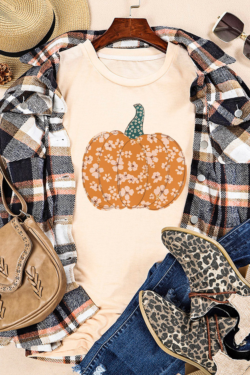 Khaki Sweet Floral Pumpkin Graphic Tee