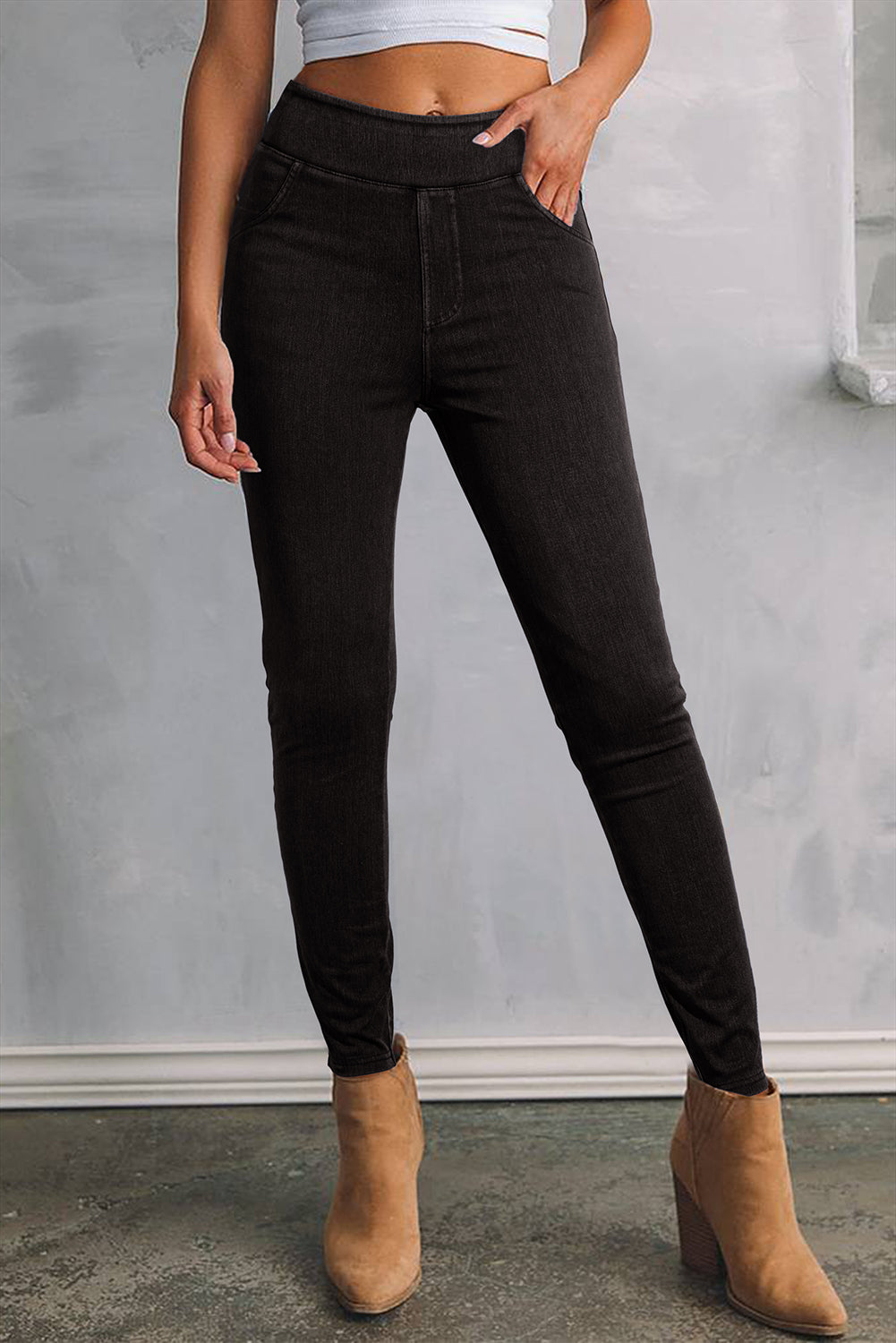 Black Solid Color High Waist Stretchy Slim Fit Jeggings