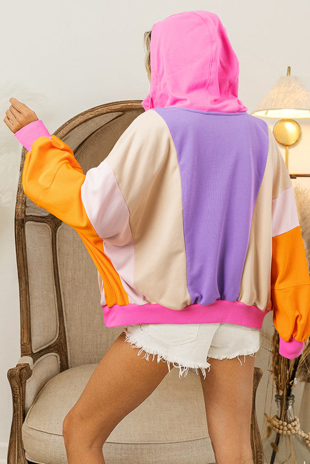 Grapefruit Orange Oversized Colorblock Patchwork Full Zipped Hoodie