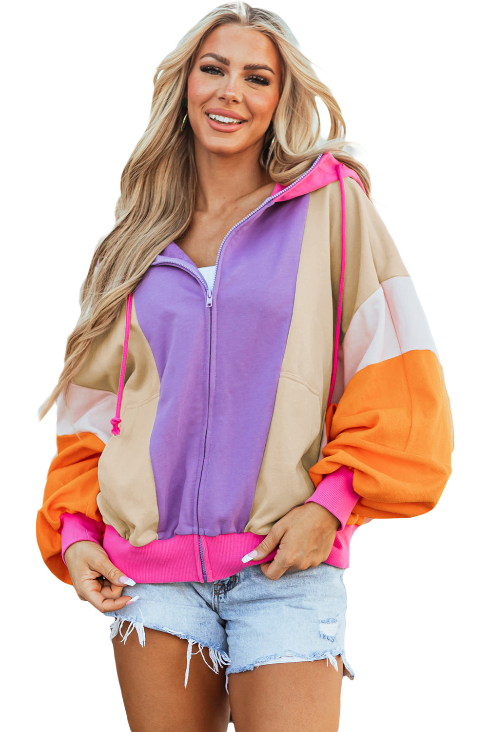 Grapefruit Orange Oversized Colorblock Patchwork Full Zipped Hoodie