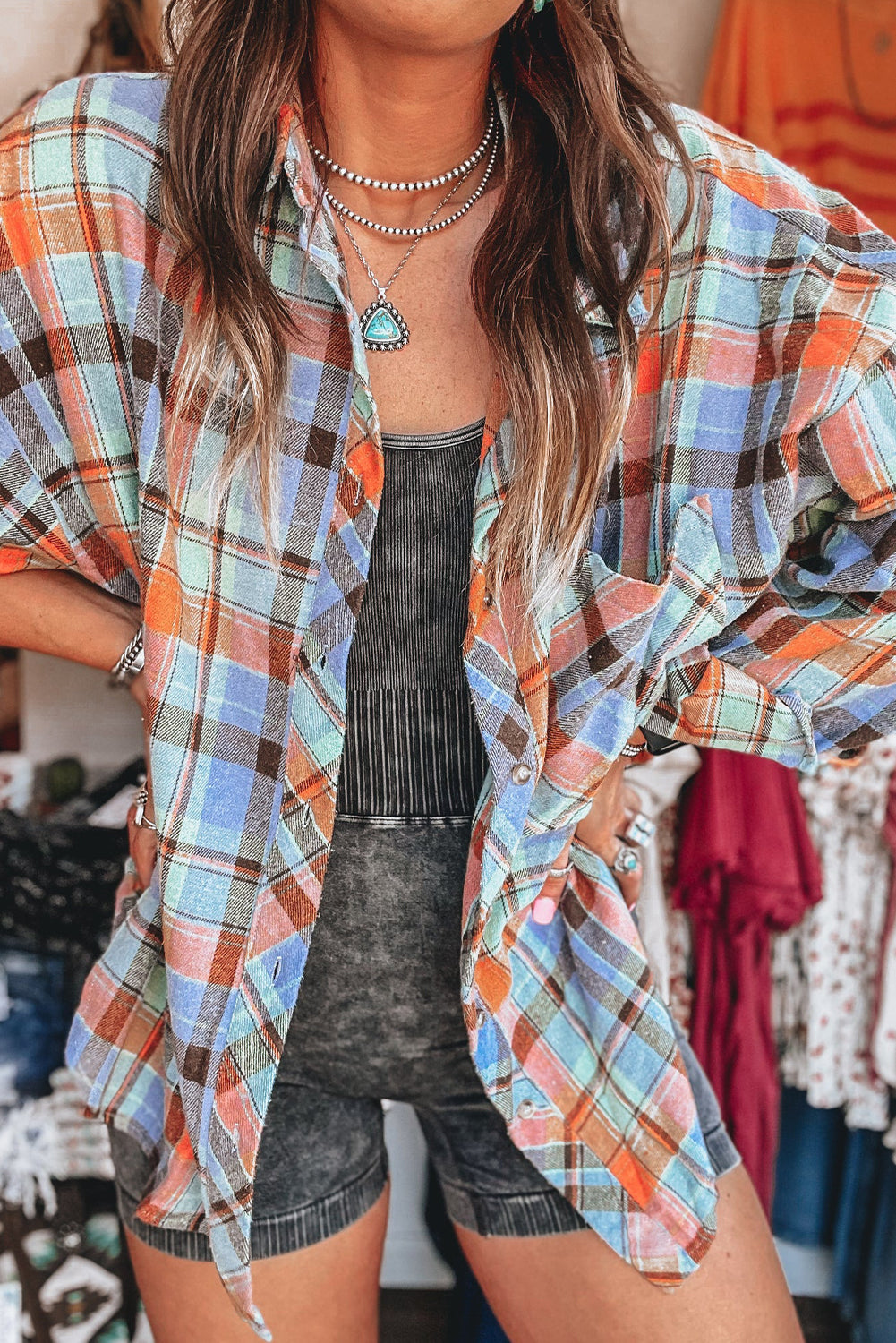 Orange Plaid Print Loose Vintage Shirt