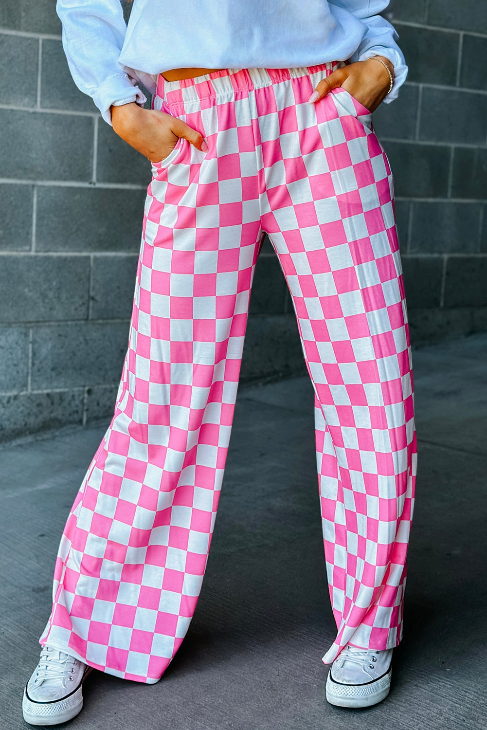 Bonbon 2-Tone Checked Print High Waist Wide Leg Pants