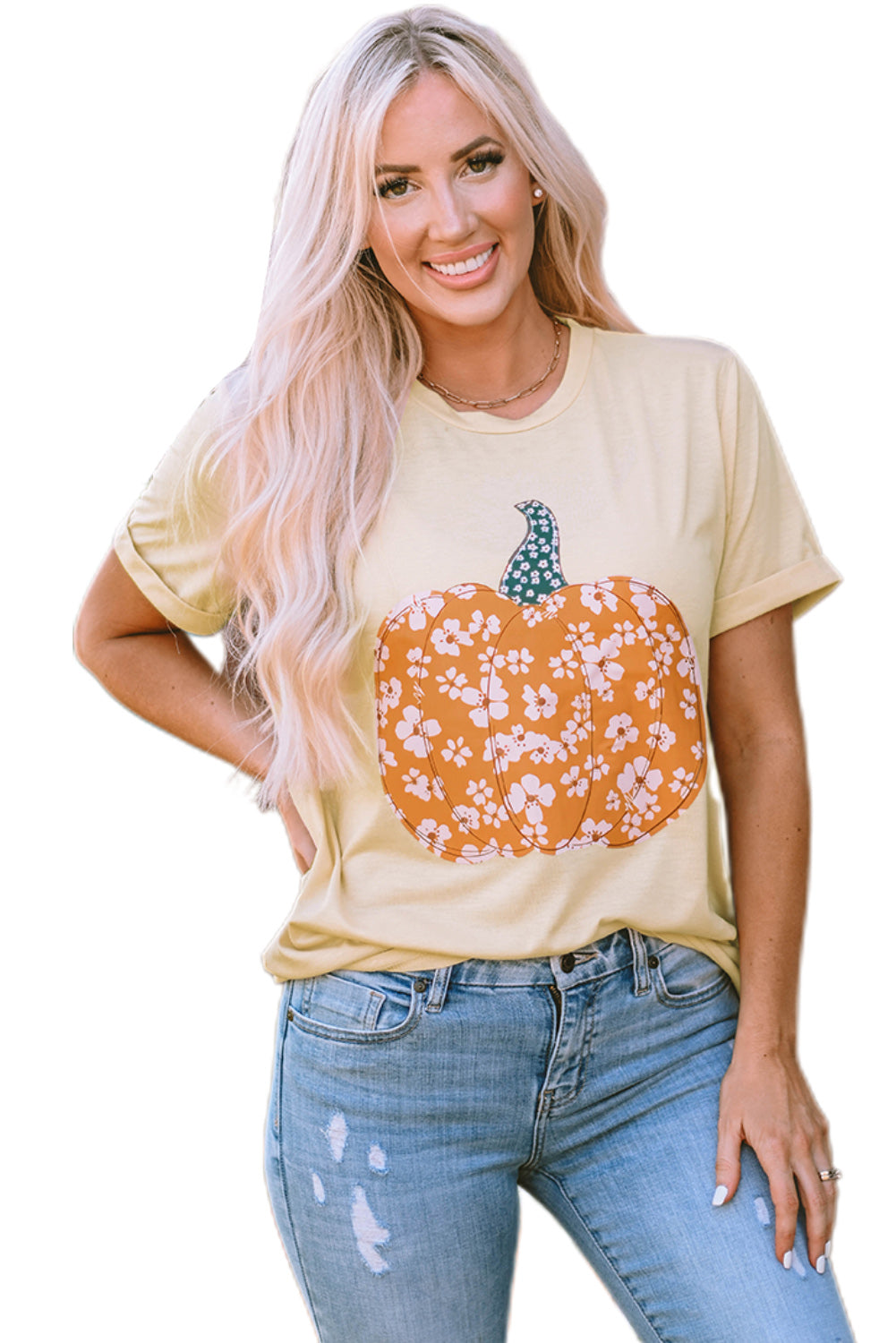 Khaki Sweet Floral Pumpkin Graphic Tee