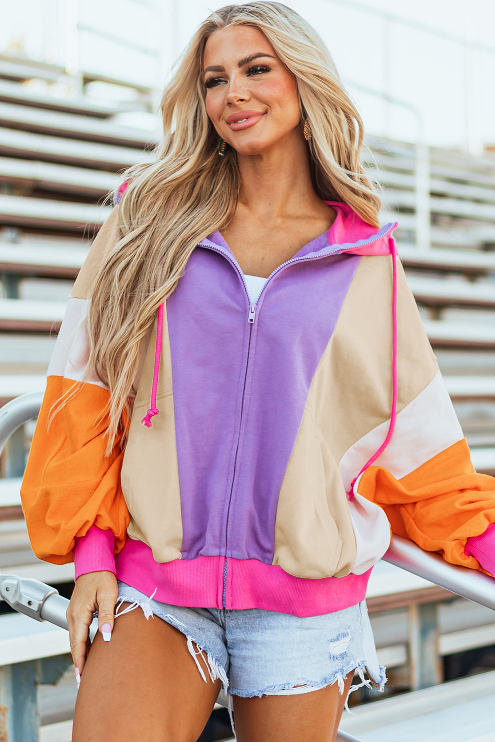 Grapefruit Orange Oversized Colorblock Patchwork Full Zipped Hoodie